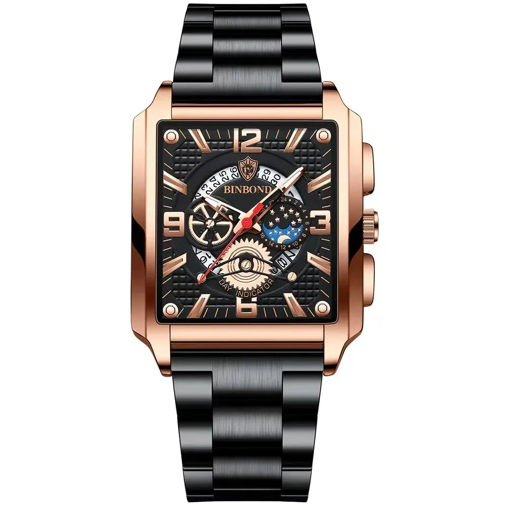 Binbond B6575 6575 Watch Stainless Steel Quartz Wrist Genuine Casual Square Waterproof Leather Belt Luminous Hands Men's Watches