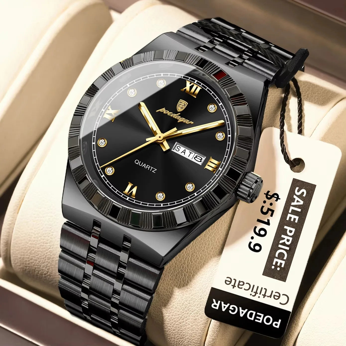 POEDAGAR 872 Week Date Watch Men Life Waterproof Original Diamond Wristwatch Quartz Reloj Luminous Stainless Steel Men's Watches