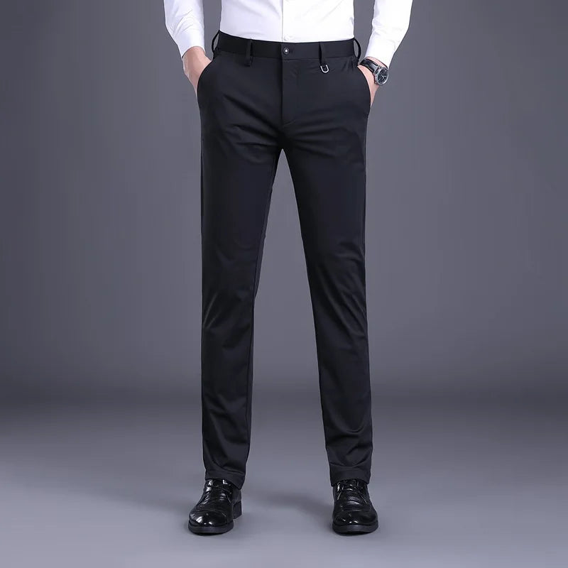 2024 Men Business Suit Pants Embroidery Ice Silk Formal Office Suit Long Trousers Stretch Slim Straight Solid Color Casual Pants