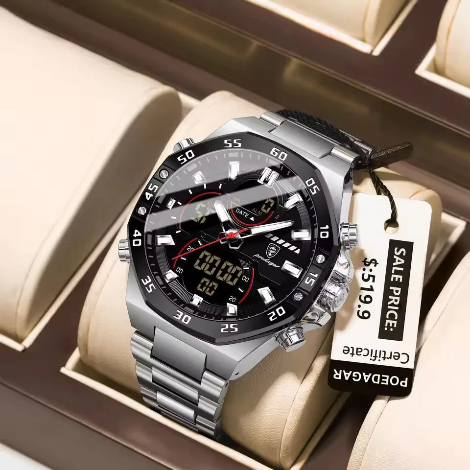 POEDAGAR E101 Stainless Steel Belt Dual Display Brand Fashion Men's Watches Multi Functional Luxury Quartz Digital Watch for Men