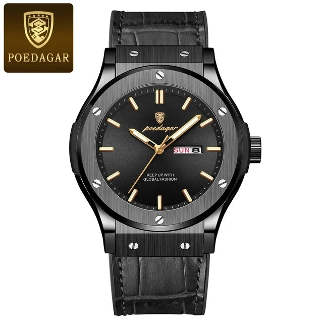 POEDAGAR 952 Fashion Men's Watches Trend Classic New Quartz Watch for Man Waterproof Luminous Week Date Wristwatch Leather