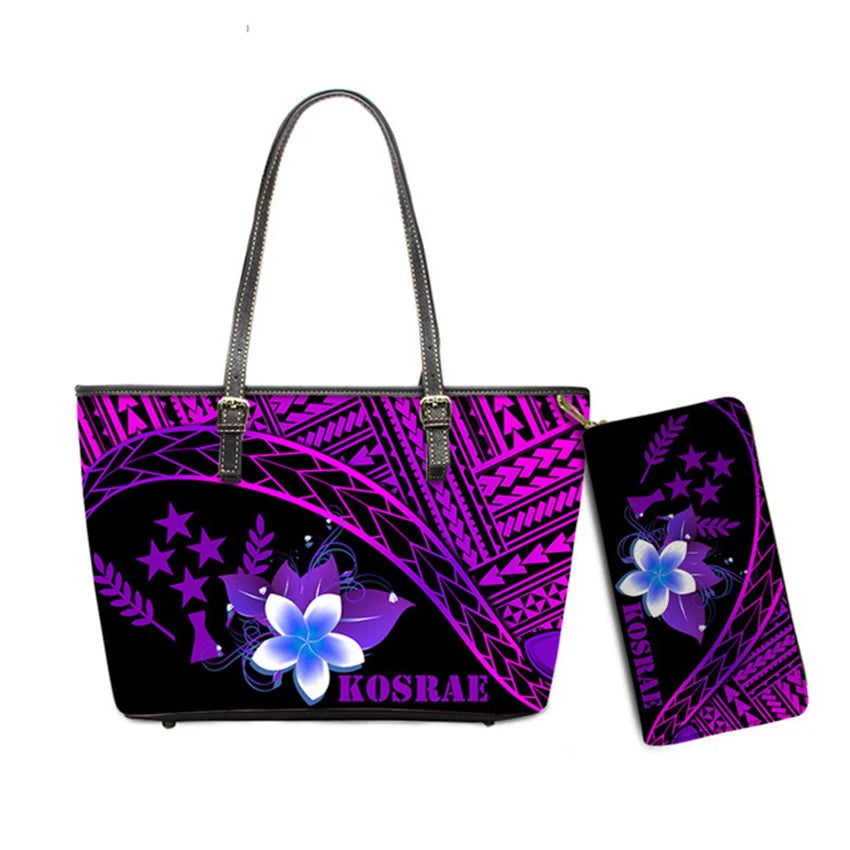 Hawaiian Flower Polynesian Design Print Women Handbags and Purses Set Customized Large Leather Tote Matching Long Zipper Wallet