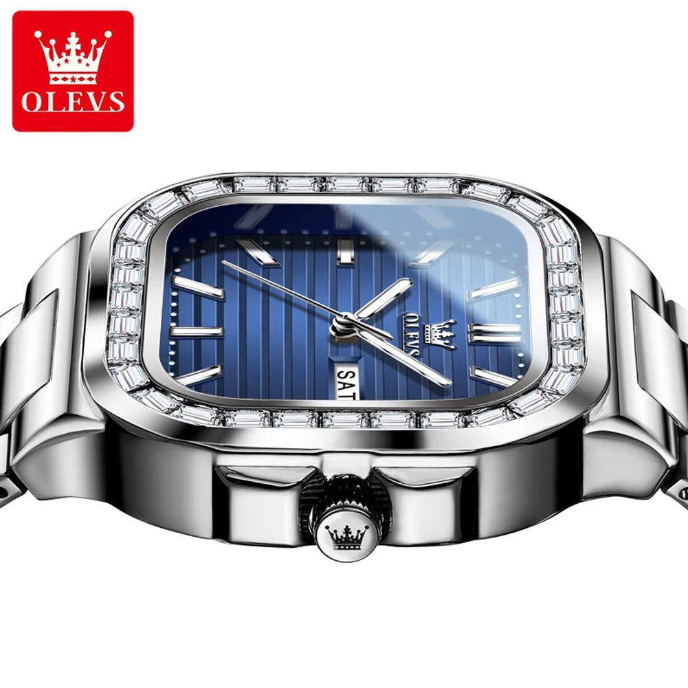 OLEVS 9966 Men's Watches Square Shape Stainless Steel Strap Diamond Calendar Dial Elegant Luxury Wristwatch for Men