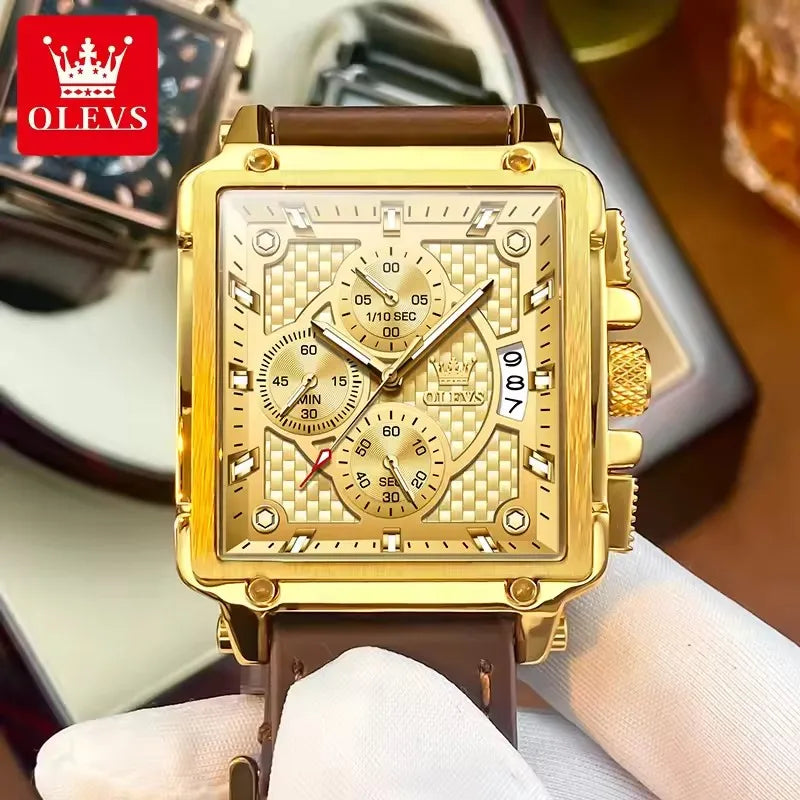 OLEVS Men's Watches 9925 Gold Black Square Quartz Watch Men Classic Leather Strap Fashion Waterproof Chronograph Wristwatch