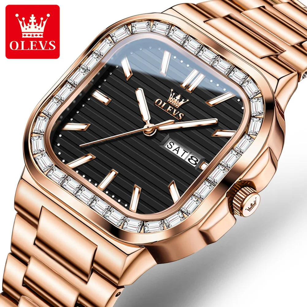 OLEVS 9966 Men's Watches Square Shape Stainless Steel Strap Diamond Calendar Dial Elegant Luxury Wristwatch for Men