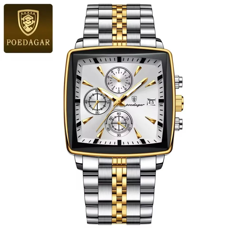 POEDAGAR 866 Fashion Square Sport Man Wristwatch Waterproof Luminous Chronograph Quartz Men's Watches Stainless Steel Men Watch