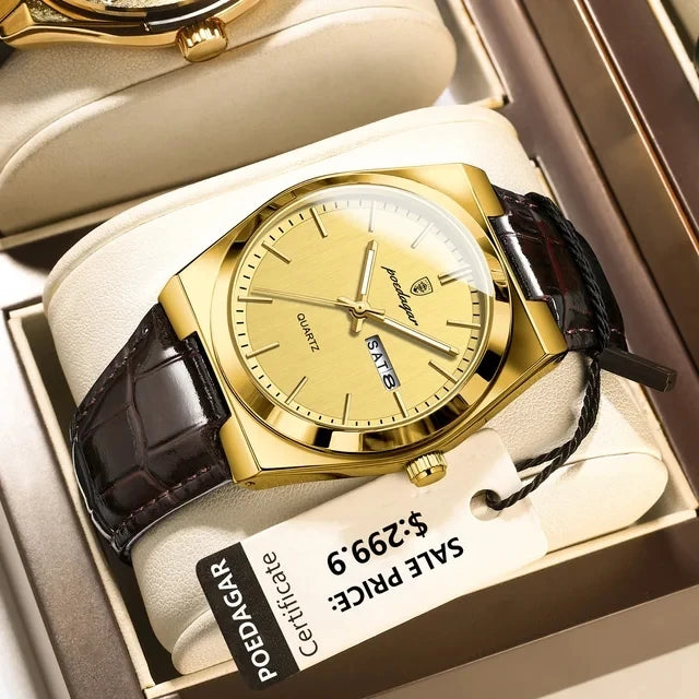 POEDAGAR 930 Luxury Watch for Man Waterproof Luminous Date Week Leather Men Watch Casual Quartz Men's Watches Male Clock