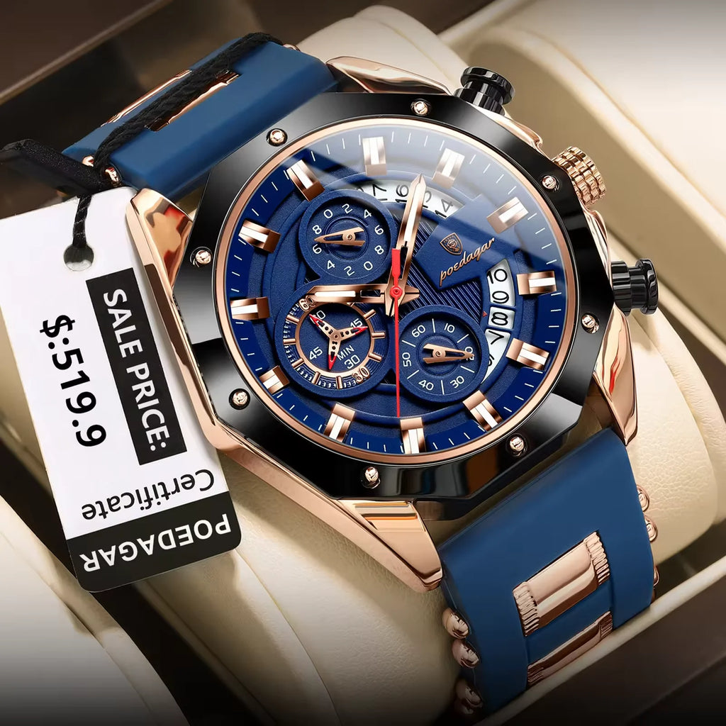 POEDAGAR 913 Luxury Men Watch Waterproof Luminous Date Sport Man Wristwatch Chronograph Silicone Strap Quartz Men's Watches