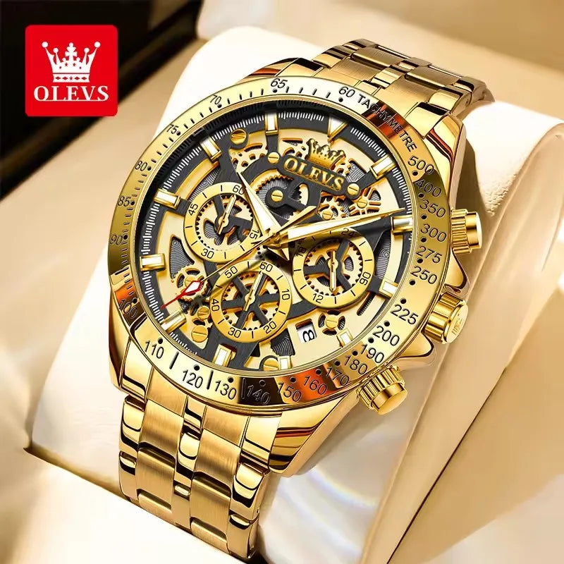 OLEVS Men's Watches Stainless Steel Quartz Watch for Men Waterproof Luminous Chronograph Calendar Men's Wristwatch Gold White