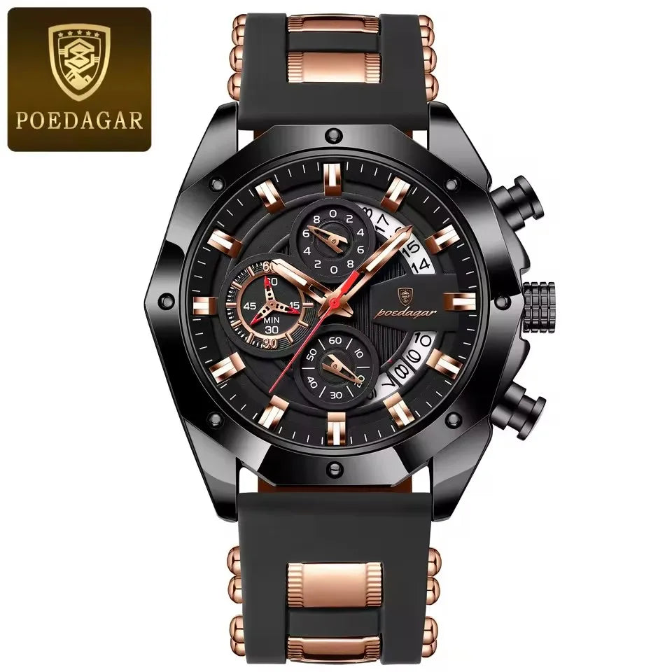 POEDAGAR 913 New Luxury Men Watch Waterproof Luminous Date Sport Man Wristwatch Chronograph Silicone Strap Quartz Men's Watches
