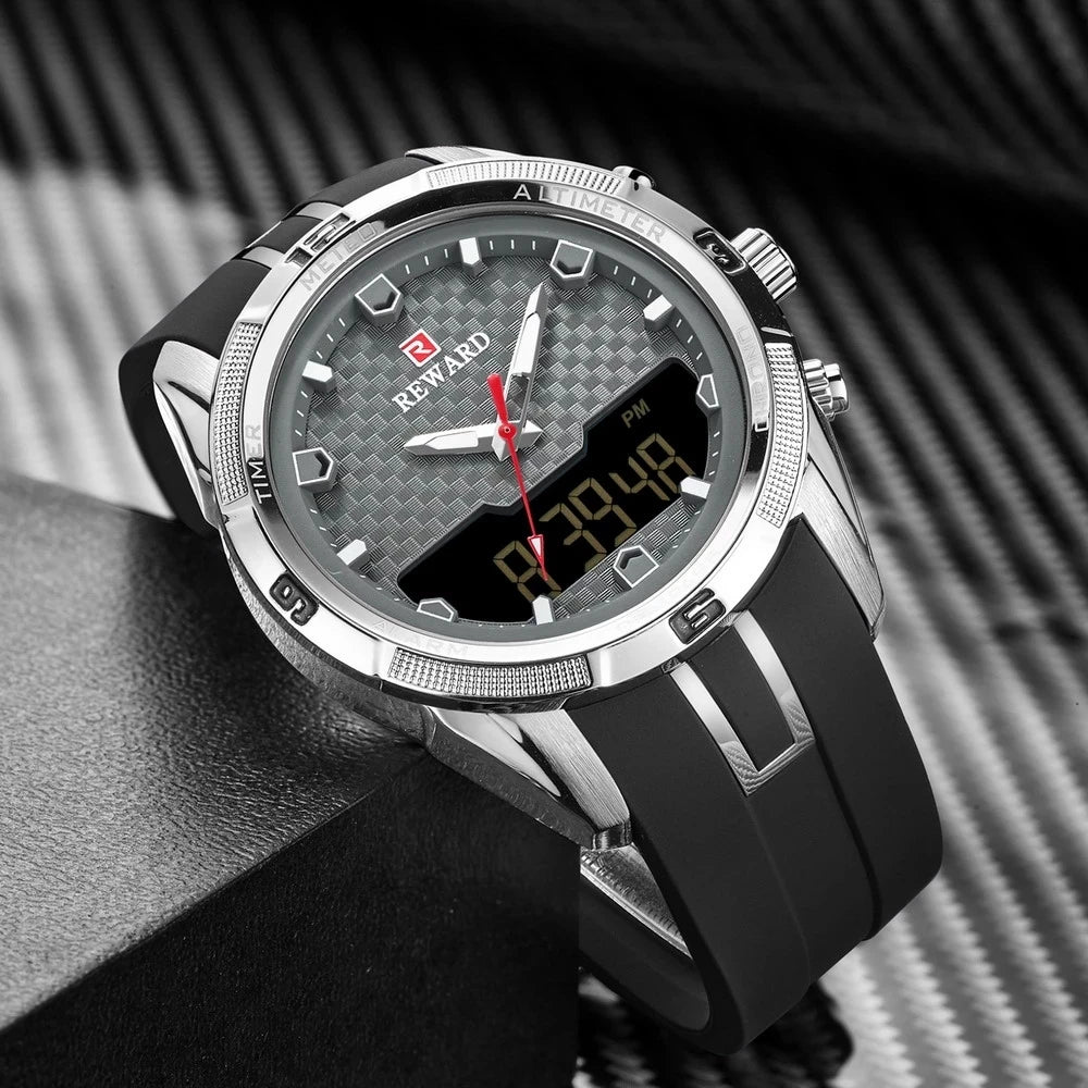 REWARD Men's Watches Silicone Double Movement Digital Electronic Watch Men Sports Waterproof LED Quartz Watch Relogio Masculino