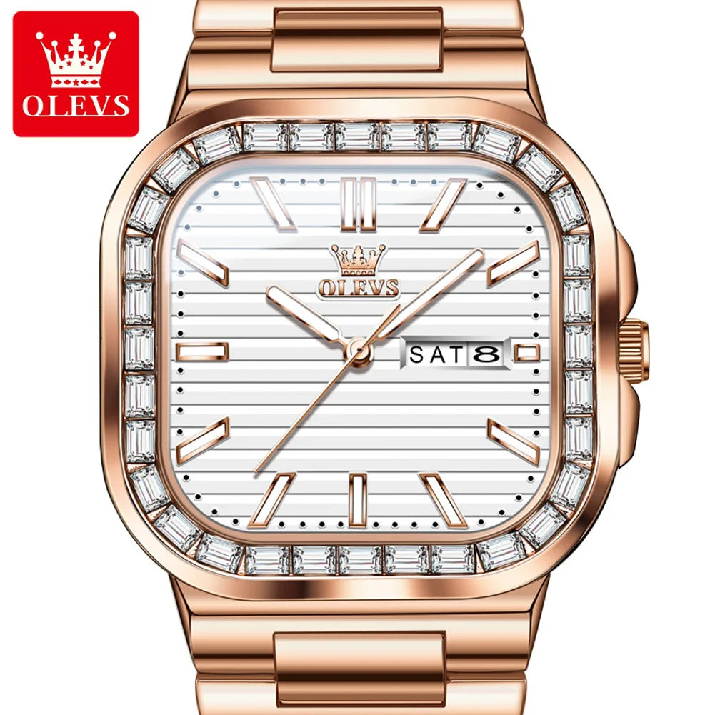OLEVS 9966 Men's Watches Square Shape Stainless Steel Strap Diamond Calendar Dial Elegant Luxury Wristwatch for Men