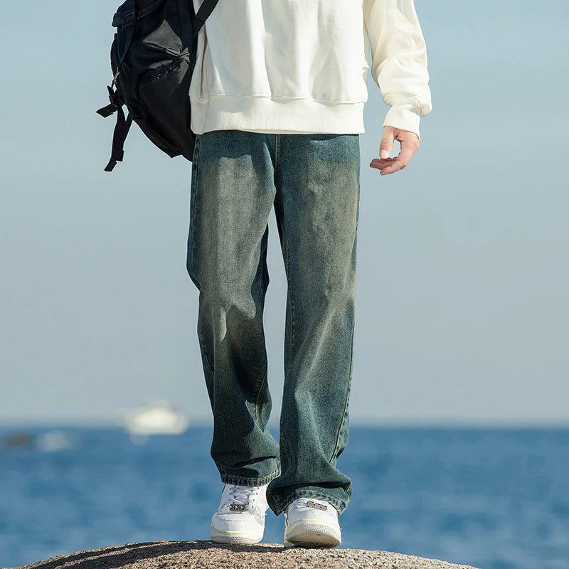 ANSZKTN American High Street Gradient Jeans Fashionable Autumn and Winter Unisex Loose Straight Leg Men's Casual Pants