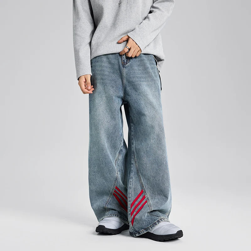 Men Striped Cargo Blue Jeans Men's  Fashion Loose Designer Straight Leg Casual Pants Stone Wash Wide-leg Jeans for Men