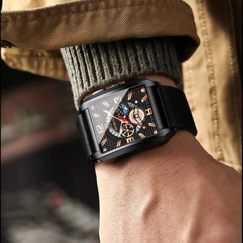 Binbond B6575 6575 Casual Square Waterproof Watch Stainless Steel Quartz Wrist Genuine Leather Belt Luminous Hands Men's Watches