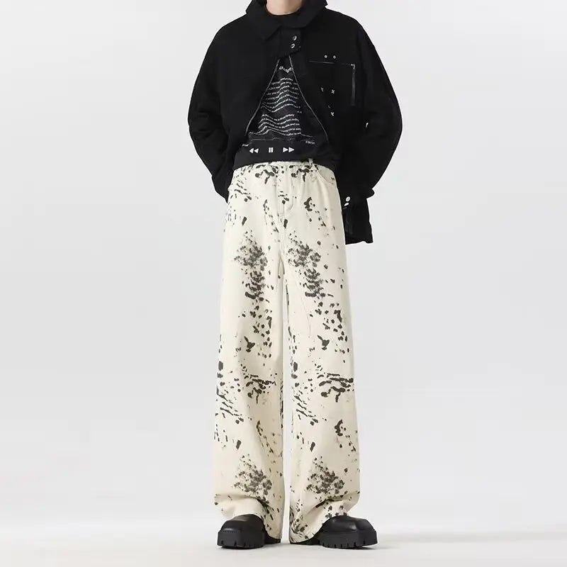High Street Leopard Print Jeans Women's Street Spring and Autumn Style Wide Leg Pants Loose Casual Pants Denim