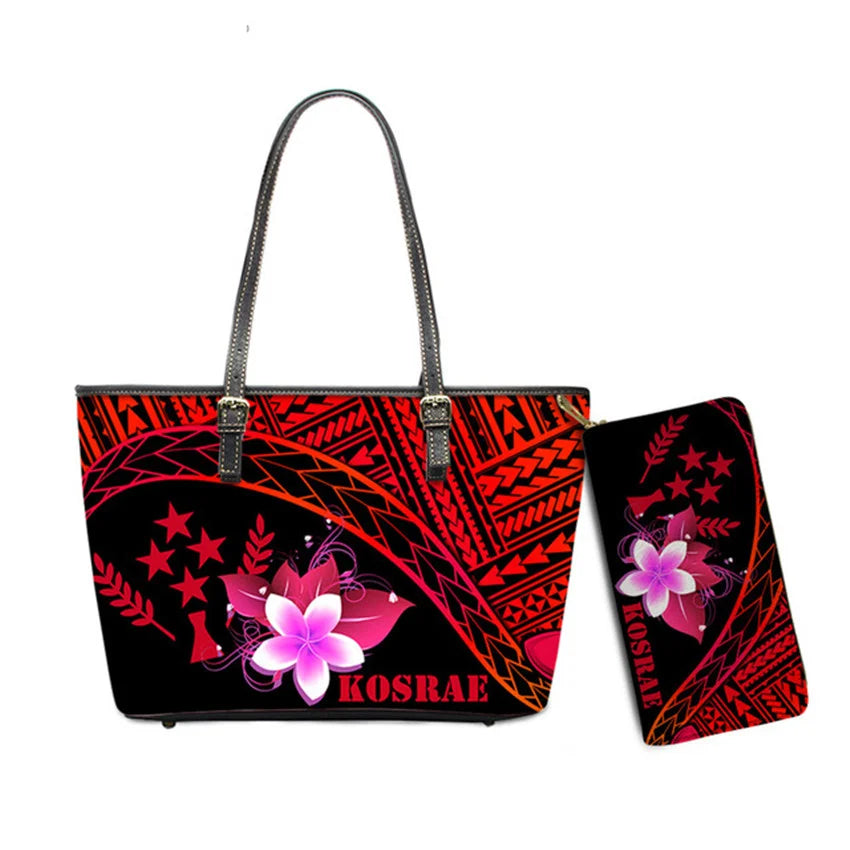 Hawaiian Flower Polynesian Design Print Women Handbags and Purses Set Customized Large Leather Tote Matching Long Zipper Wallet