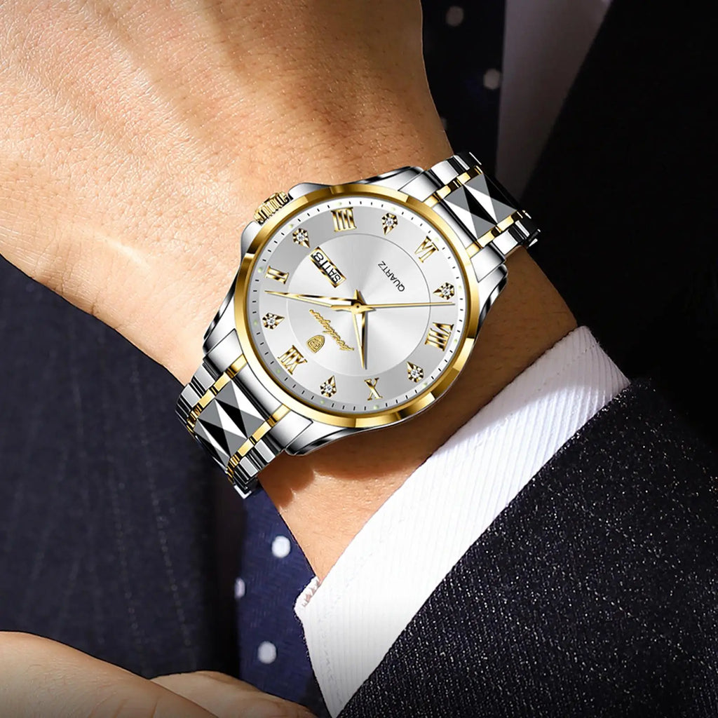 POEDAGAR 883 Date Week Man Wristwatch Stainless Steel Belt Fashion Men Clock Waterproof Luminous Quartz Men's Watches Male Reloj