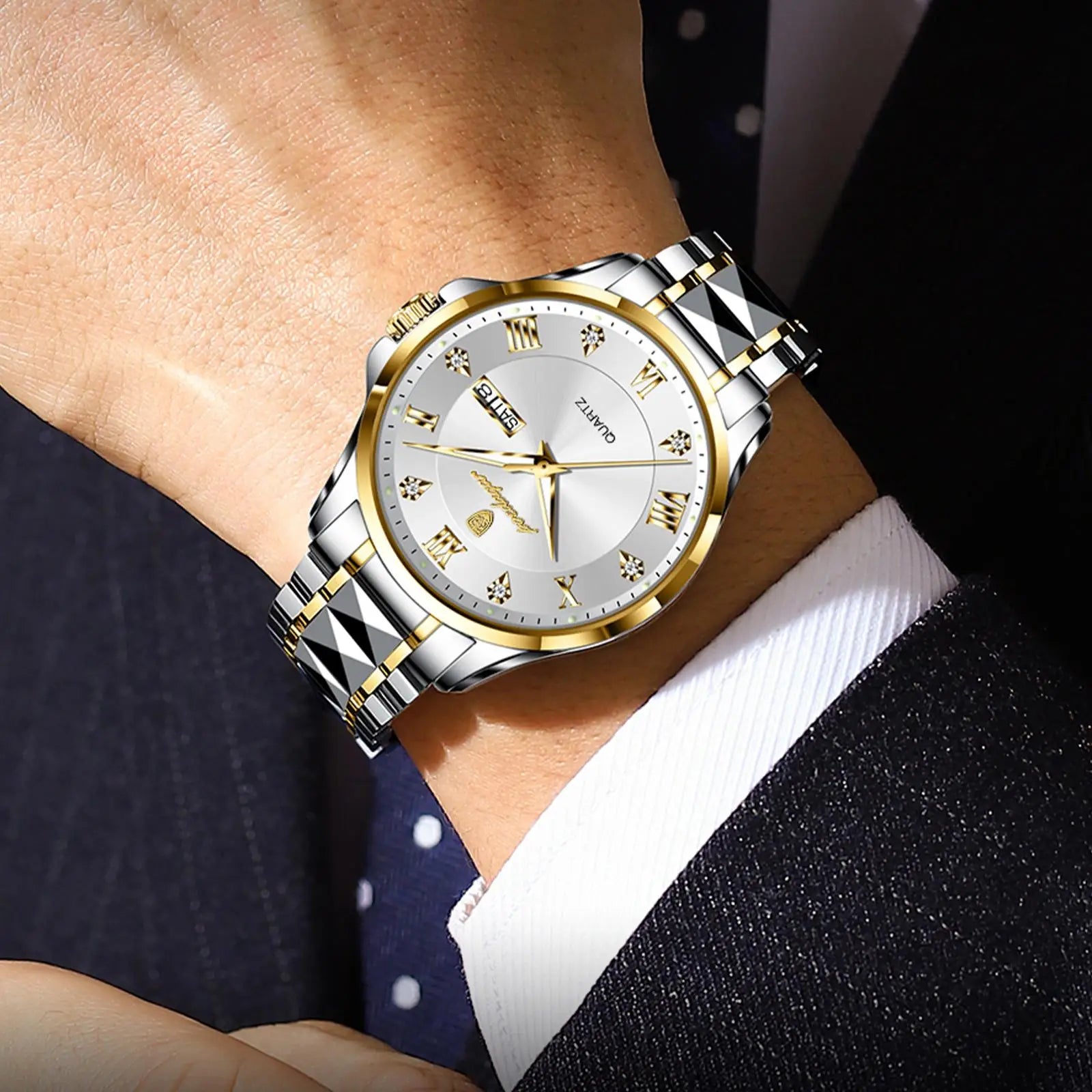 POEDAGAR 883 Date Week Man Wristwatch Stainless Steel Belt Fashion Men Clock Waterproof Luminous Quartz Men's Watches Male Reloj
