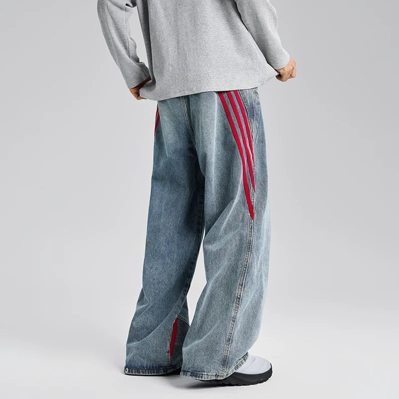 Men Striped Cargo Blue Jeans Men's  Fashion Loose Designer Straight Leg Casual Pants Stone Wash Wide-leg Jeans for Men