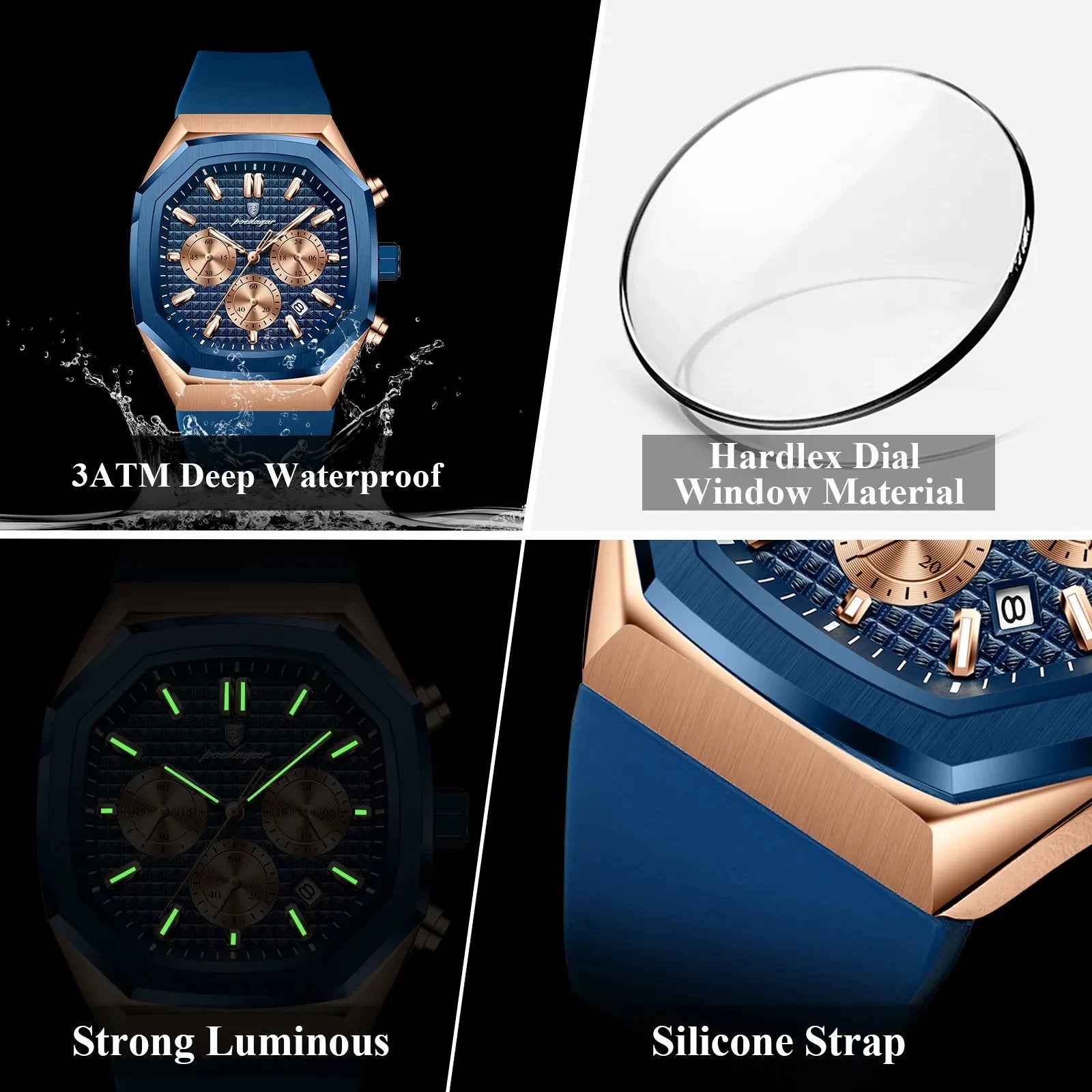 POEDAGAR 893 Sports Man Wrist Waterproof Luminous Luxury Watch Male Soft Silicone Strap Chronograph Date Quartz Men's Watches