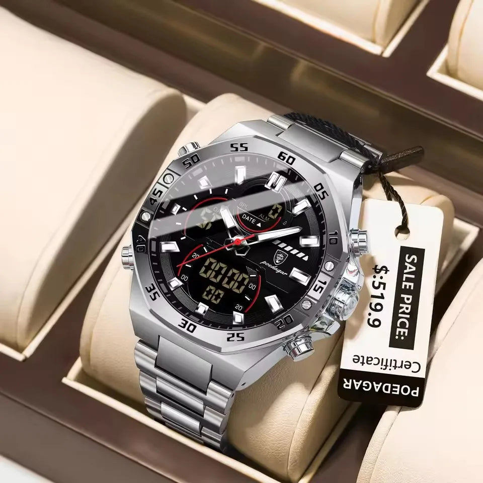 POEDAGAR E101 Electronic Stainless Wristwatch Men's Watches Quartz Digital Man Waterproof Luminous Hand Date Watch for Men Reloj