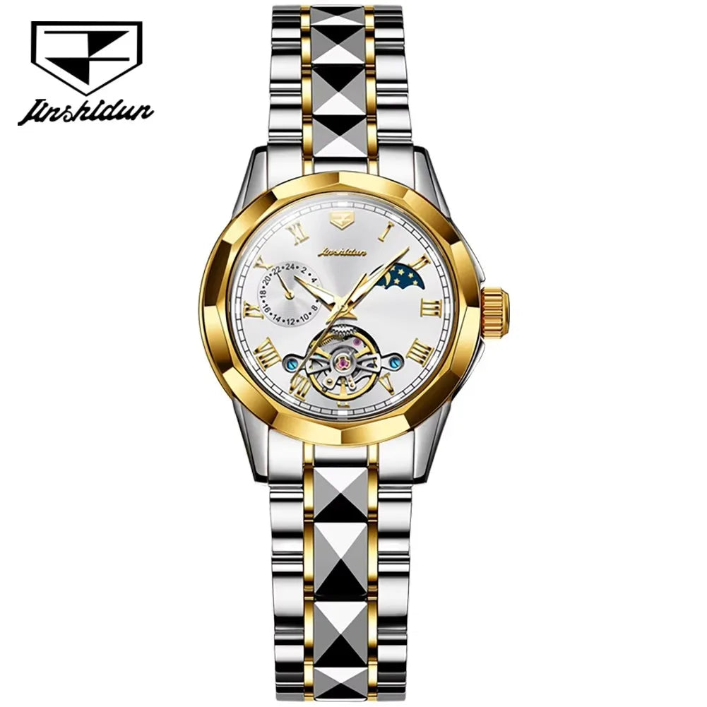 Jsdun 8937 Tungsten and Stainless Steel Wristwatch Moon Phase Automatic Movement Fashion Mechanical Watch Ladies Women's Watches