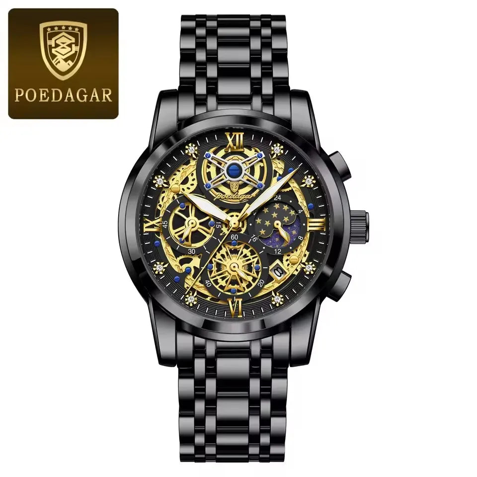 POEDAGAR 984 Luxury Fashion Watch Men Waterproof Luminous Auto Date Chronograph Japan Quartz Stainless Steel Strap Men's Watches