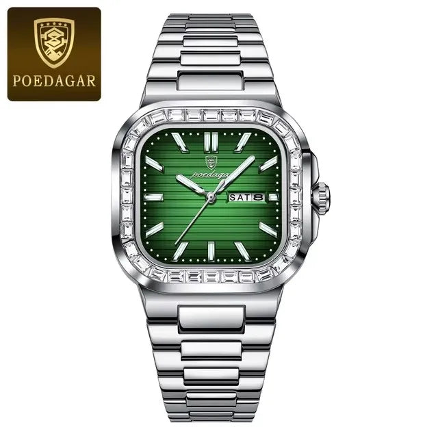 POEDAGAR New Luxury Gold Blue Quartz Watch for Men Stainless Steel Waterproof Luminous Date Week Fashion Square Men's Watches