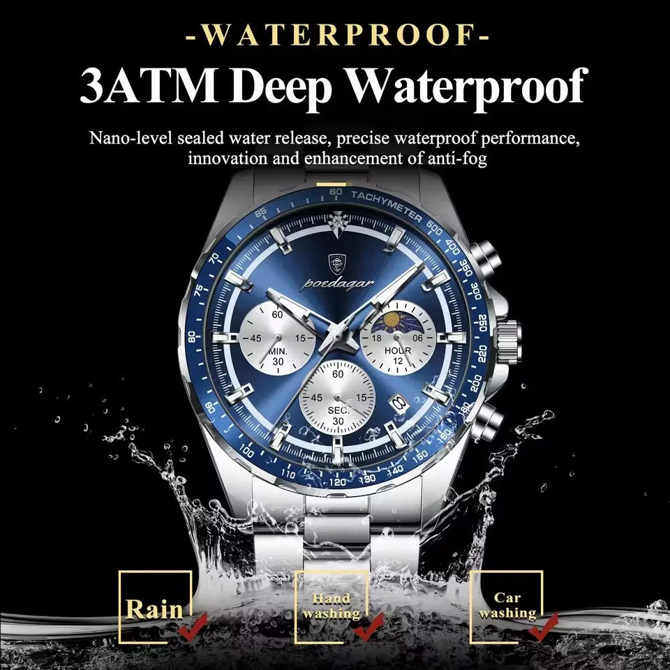 POEDAGAR 879 Original Watch Man Stainless Steel Quartz Men Clock Sports Waterproof Luminous Chronograph Date Reloj Men's Watches