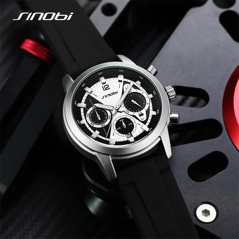 SINOBI Luxury Watch for Men Waterproof Luminous Date Chronograph Man Watch Sport Quartz Silicone Men's Watches With Box