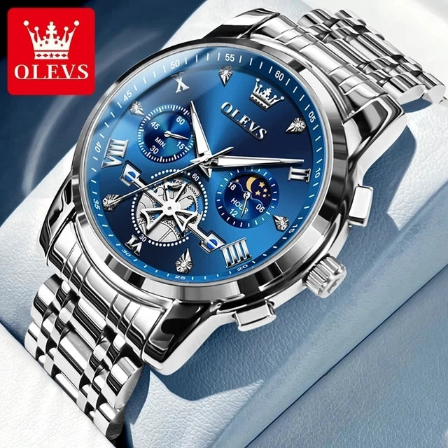 OLEVS Luxury Men's Watches Classic Roman Scale Flywheel Moon Phase Waterproof Quartz Watch for Men Classic 2856 Chronograph