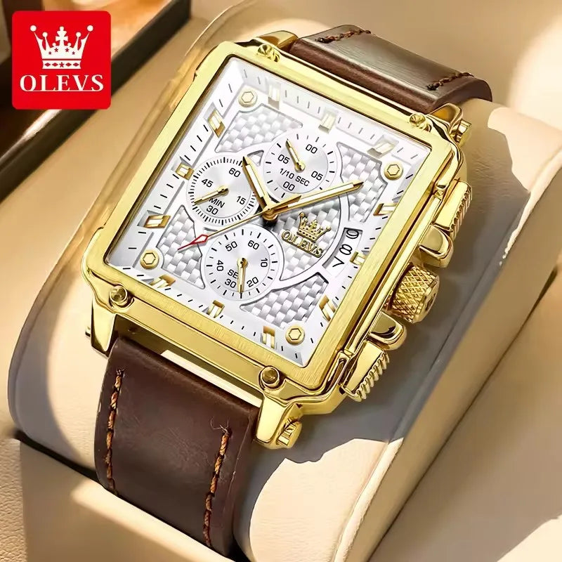 OLEVS Men's Watches 9925 Gold Black Square Quartz Watch Men Classic Leather Strap Fashion Waterproof Chronograph Wristwatch