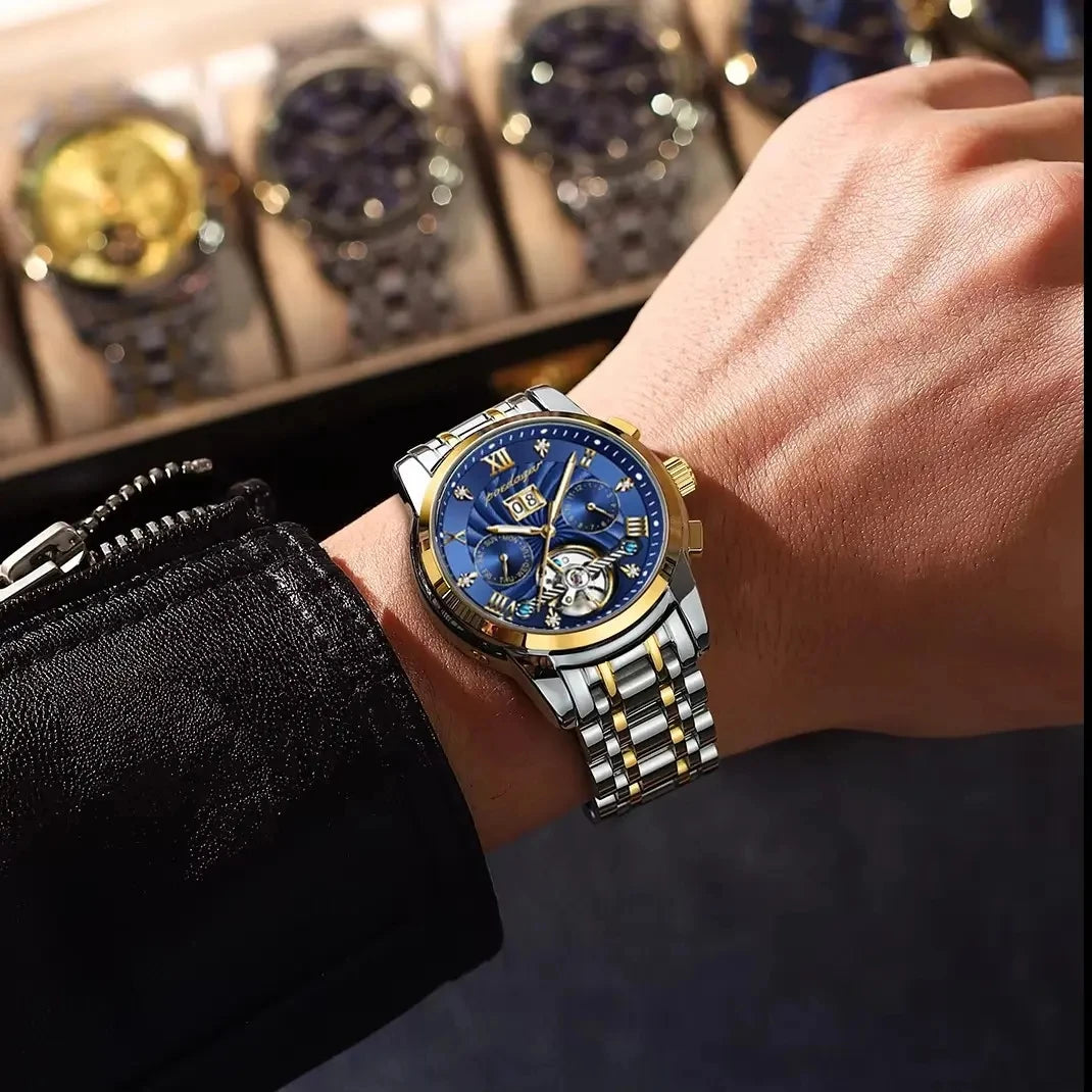POEDAGAR 1408 Waterproof Date Stainless Steel Belt Men's Watches Luxury Hollow Tourbillon Automatic Mechanical Men Wrist Watch