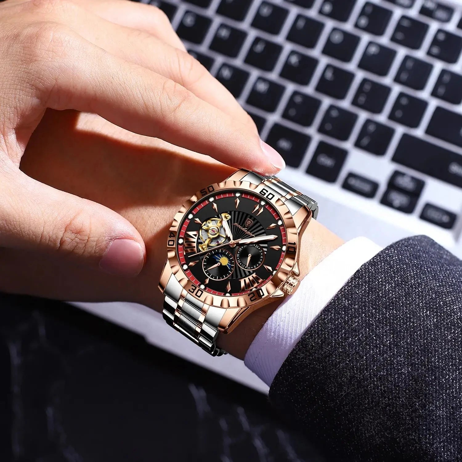 POEDAGAR 1415 Automatic Mechanical Man Watch Waterproof Luxury Men Hollow Out Tourbillon Luminous Stainless Steel Men's Watches