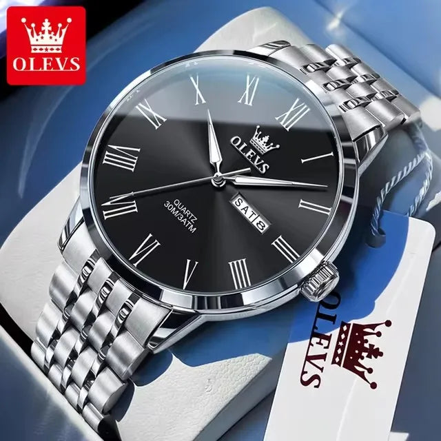 OLEVS 3633 Men's Watches Stainless Steel Business Quartz Watch for Man Waterproof Luminous Dual Calendar Display Wristwatch