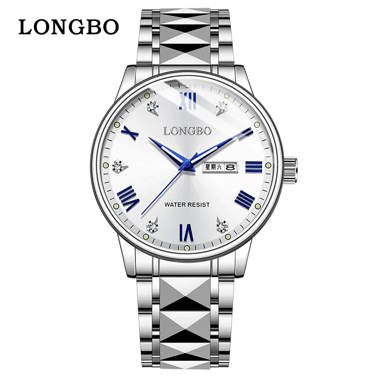 LONGBO 83702 New Arrival Quartz Men Watch Fashion Classic Stainless Steel Diamond Dial Gold Belt Dual Calendar for Men's Watches