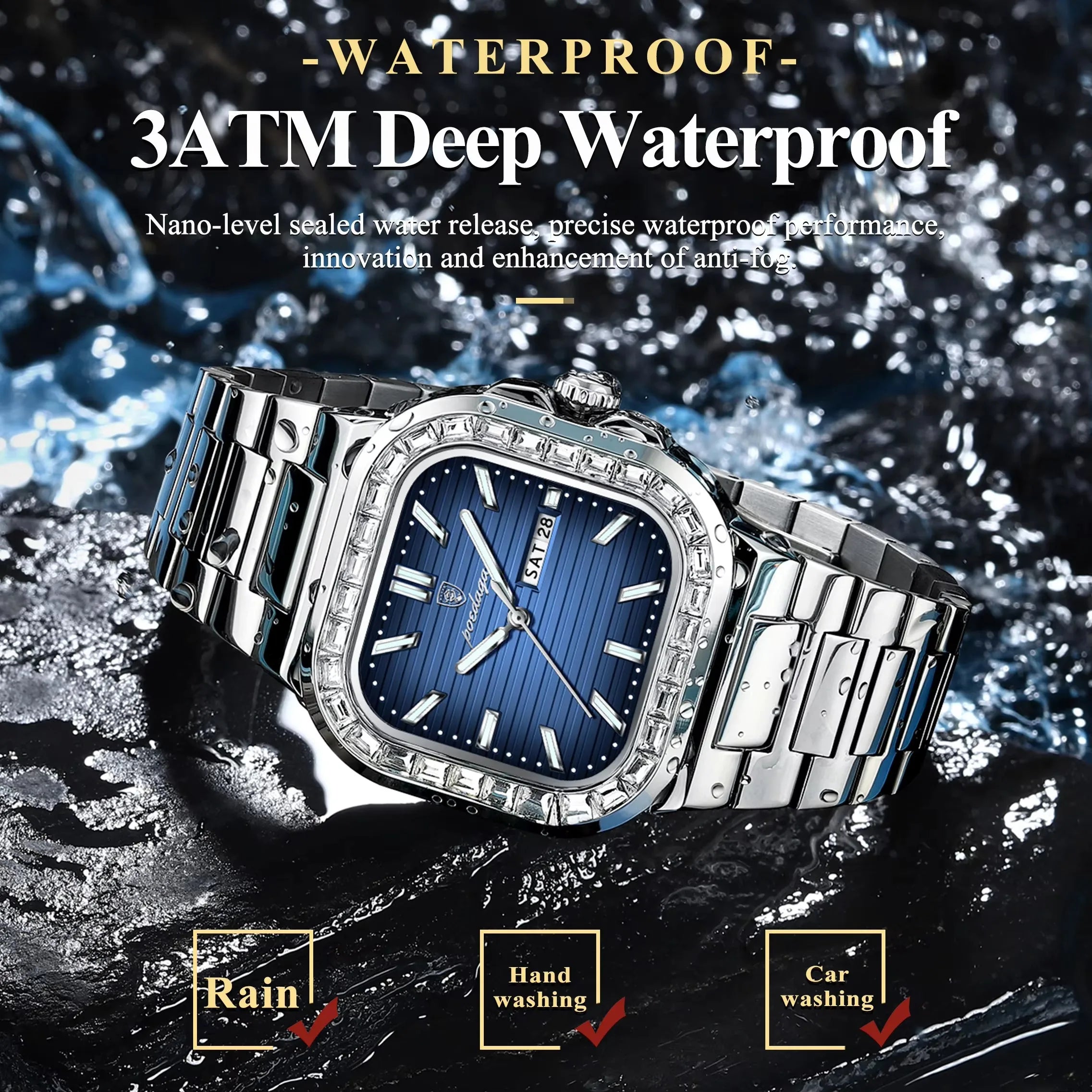 POEDAGAR New Luxury Gold Blue Quartz Watch for Men Stainless Steel Waterproof Luminous Date Week Fashion Square Men's Watches