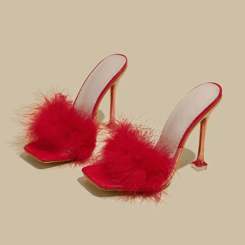 Feather Fur New Fashion Summer Spring Cute  Mules Lady  Sandals Slippers Elegant 2025 Heels for Women