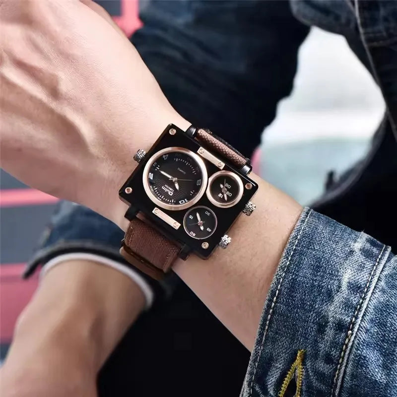 Oulm 3595 Men's Watches Top Luxury Unique Designer Watches Fashion Square Big Face 3 Time Zone Casual Quartz Watch for Men