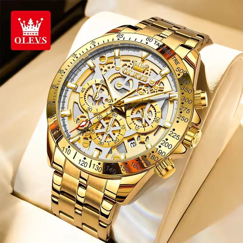 OLEVS Men's Watches Stainless Steel Quartz Watch for Men Waterproof Luminous Chronograph Calendar Men's Wristwatch Gold White