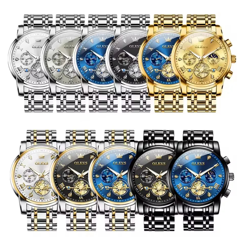 OLEVS Luxury Men's Watches Classic Roman Scale Flywheel Moon Phase Waterproof Quartz Watch for Men Classic 2856 Chronograph