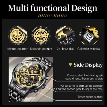 OLEVS 9947 Men's Watches Top Brand Chic Original Waterproof Quartz Watch for Man Gold Skeleton Style 24 Hour Day Night Clock