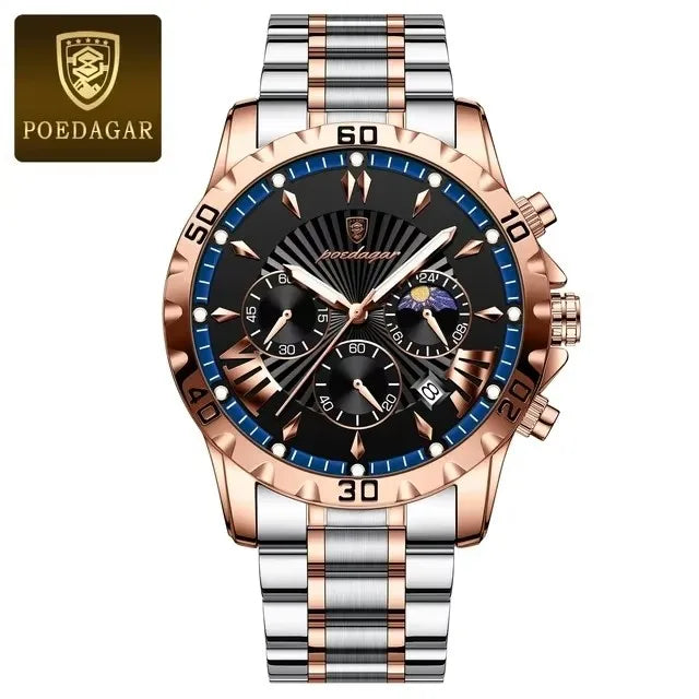 POEDAGAR 968 Sports Watch Men Quartz Waterproof Luminous Date Chronograph Men's Watches Stainless Steel Man Watch Male Clock