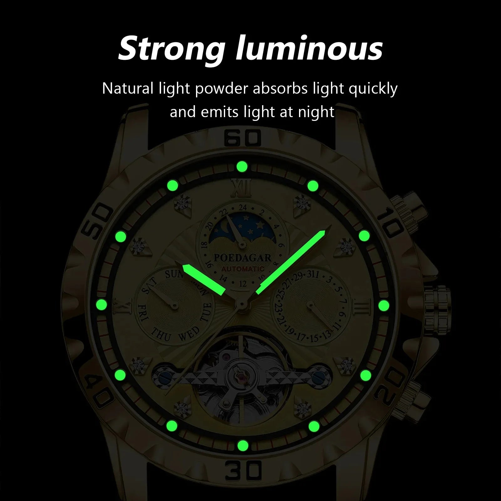 POEDAGAR 1412 Luxury Automatic Mechanical Tourbillon Waterproof Luminous Date Week Men Wristwatch Stainless Steel Men's Watches