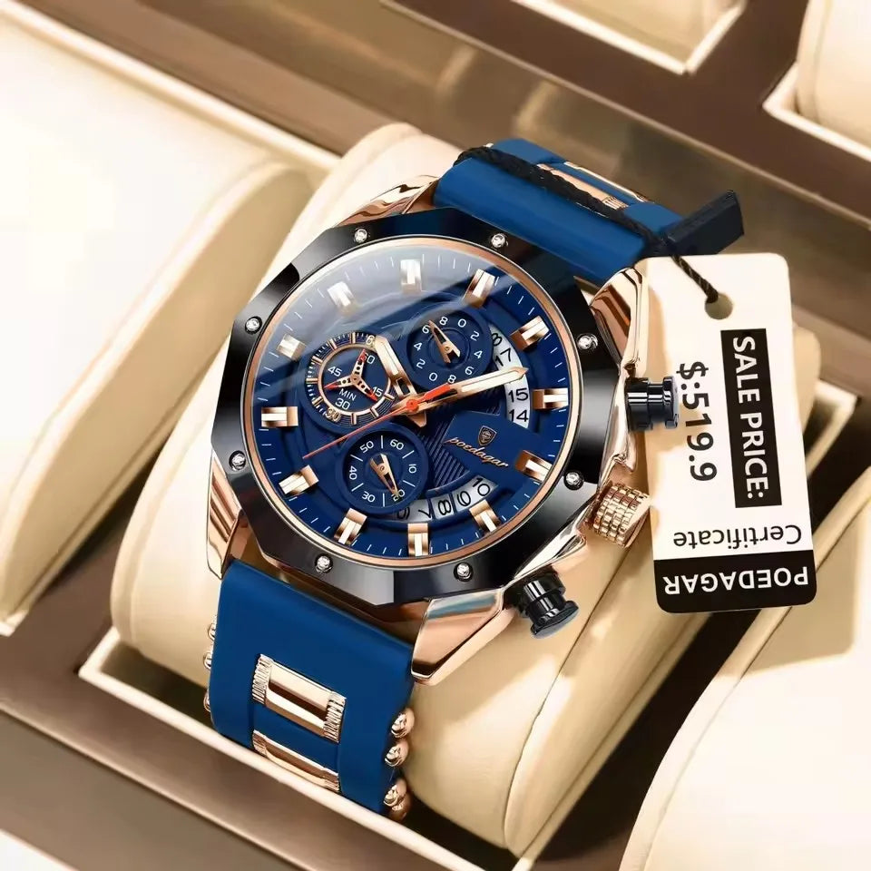 POEDAGAR 913 New Luxury Men Watch Waterproof Luminous Date Sport Man Wristwatch Chronograph Silicone Strap Quartz Men's Watches