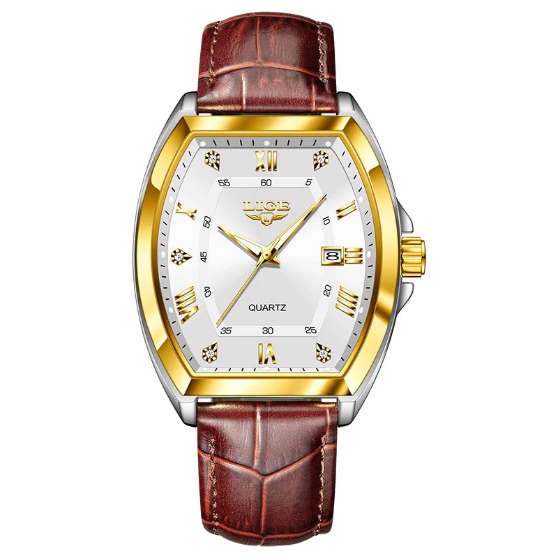 LIGE Men's Watches Luxury Original Top Brand Quartz Watch for Men Leather Waterproof Luminous Diamond Dial Date Male Wristwatch