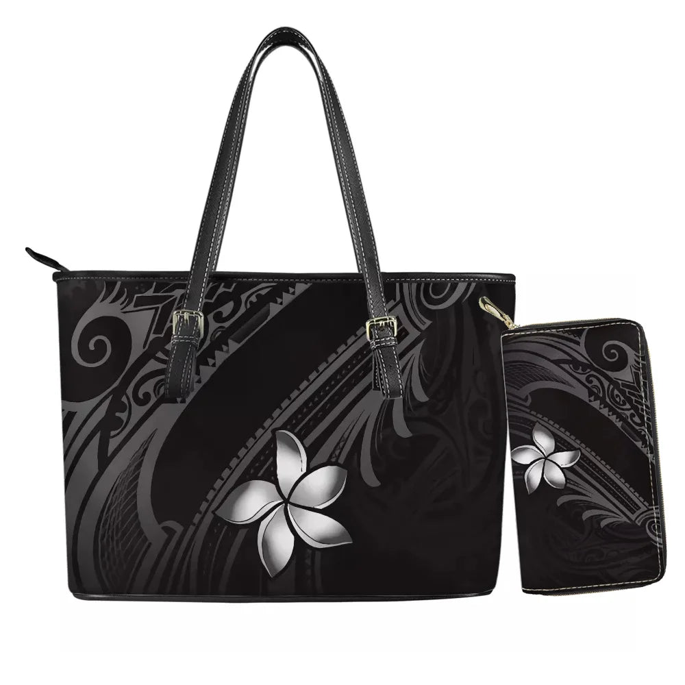 Hawaiian Flower Polynesian Design Print Women Handbags and Purses Set Customized Large Leather Tote Matching Long Zipper Wallet