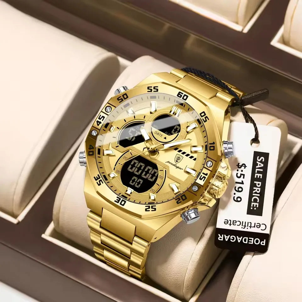 POEDAGAR E101 Dual Time Display Digital Electronic Quartz Fashion Men Waterproof Luminous Week Date Man Watch LED Men's Watches