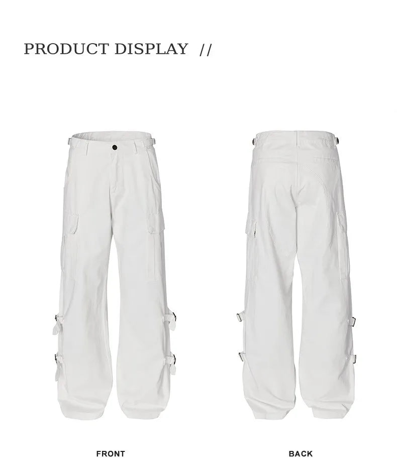 High Street Cotton White Multi-functional Cargo Casual Pants Fashion Loose Custom Designer Stone Washed Straight Jeans for Men